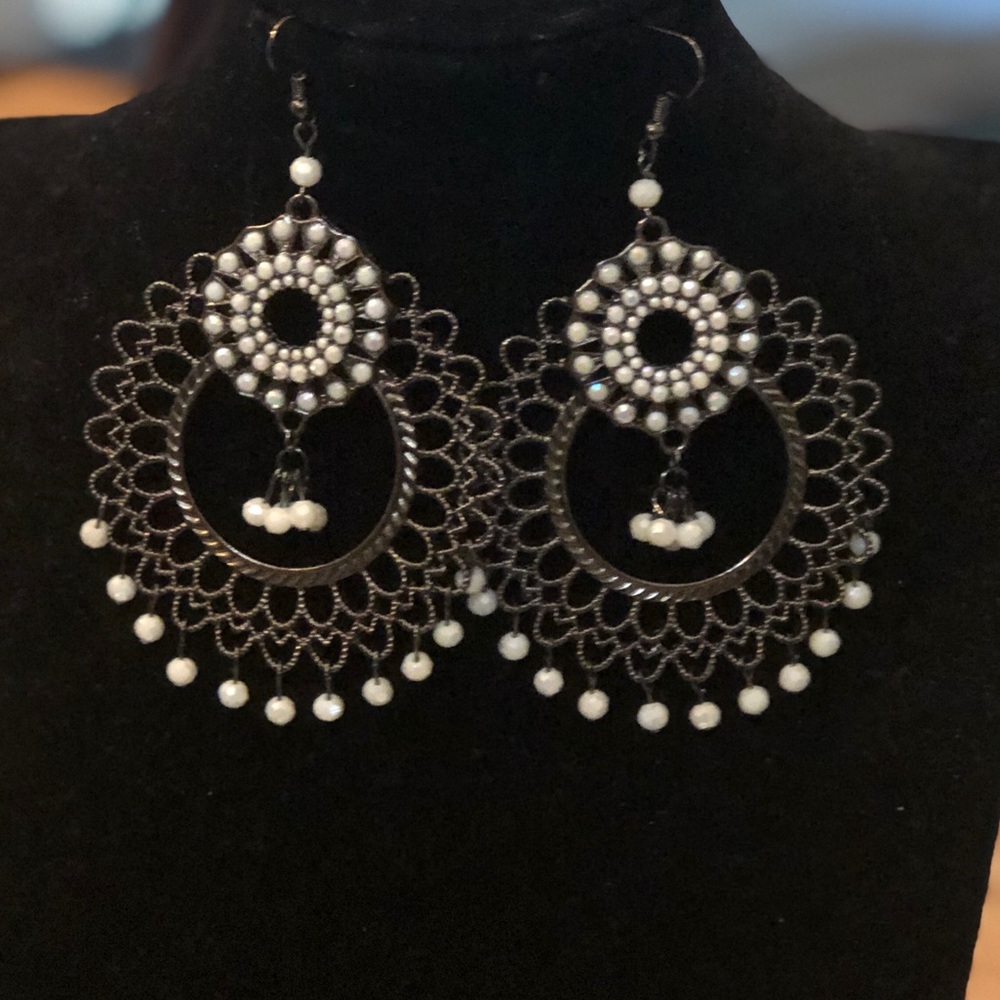 Black with white beads earring